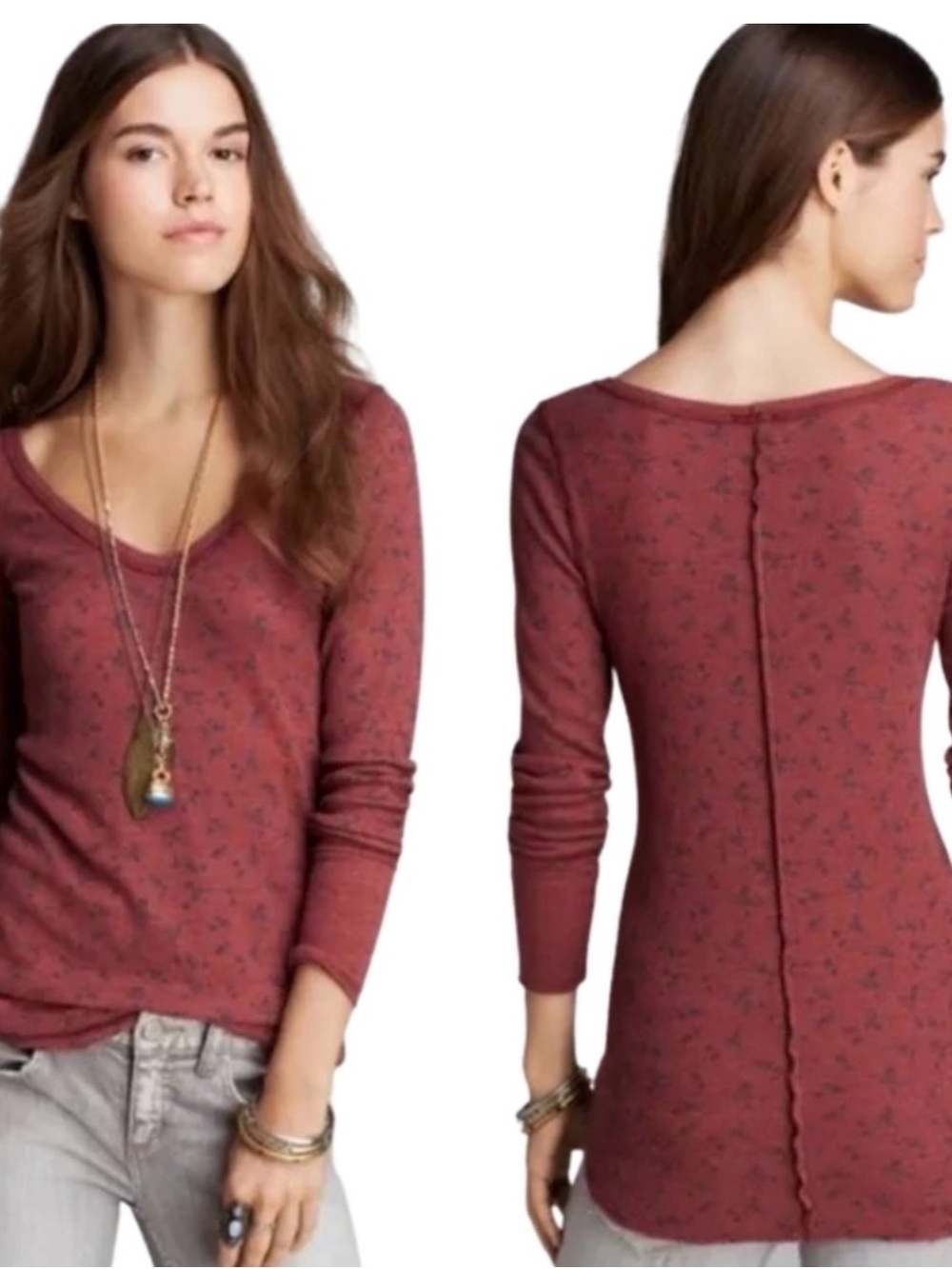 We The Free Burgandy Floral Thermal Scoop Neck Long Sleeve Top, Size Large.